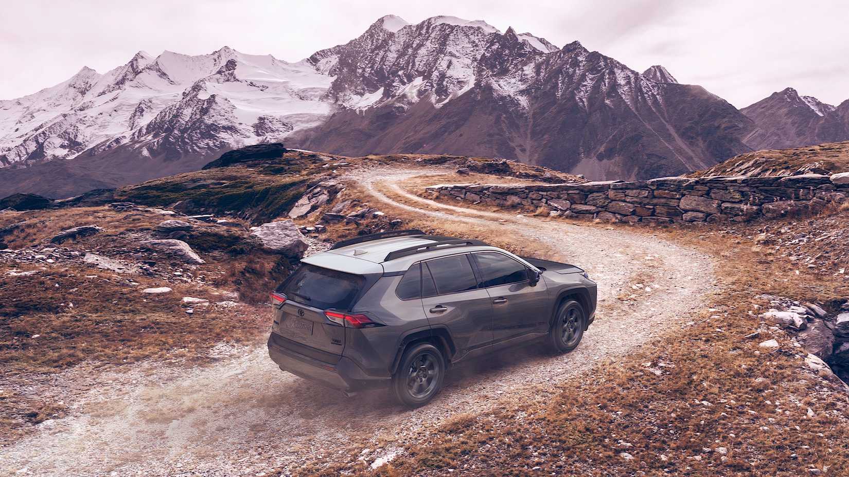 2020 Toyota RAV4 in gray driving up mountain track
