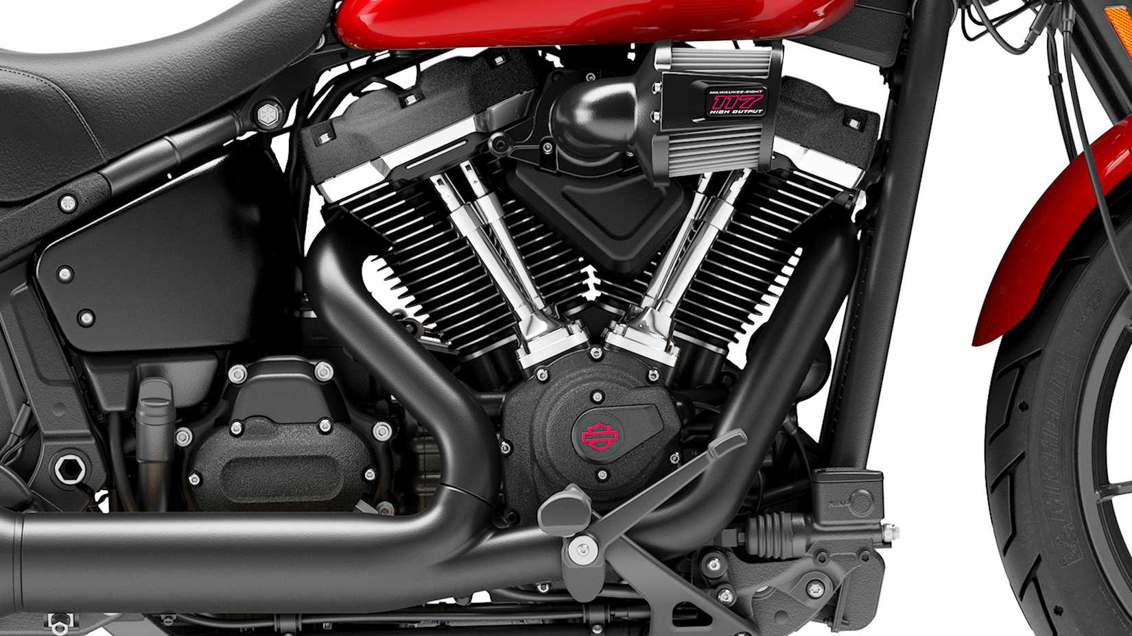 Milwaukee-Eight 117 HO em detalhe de close-up do motor Harley-Davidson Low Rider S 2025