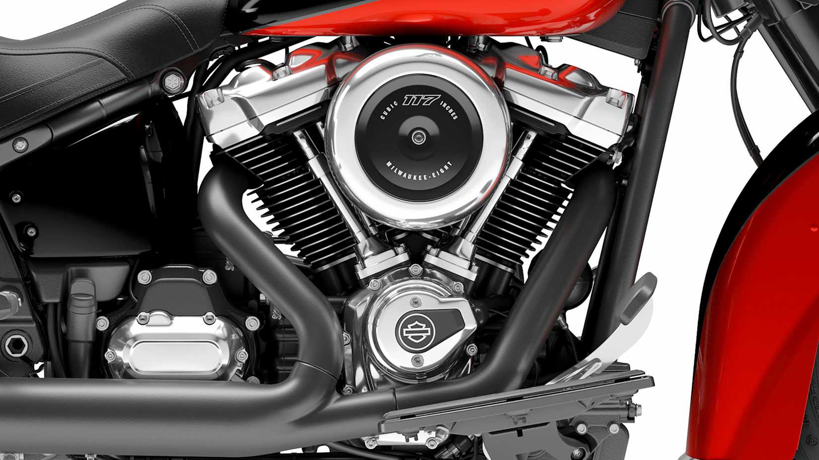 Milwaukee-Eight 117 em detalhe de close-up do motor Harley-Davidson Heritage Classic 2025