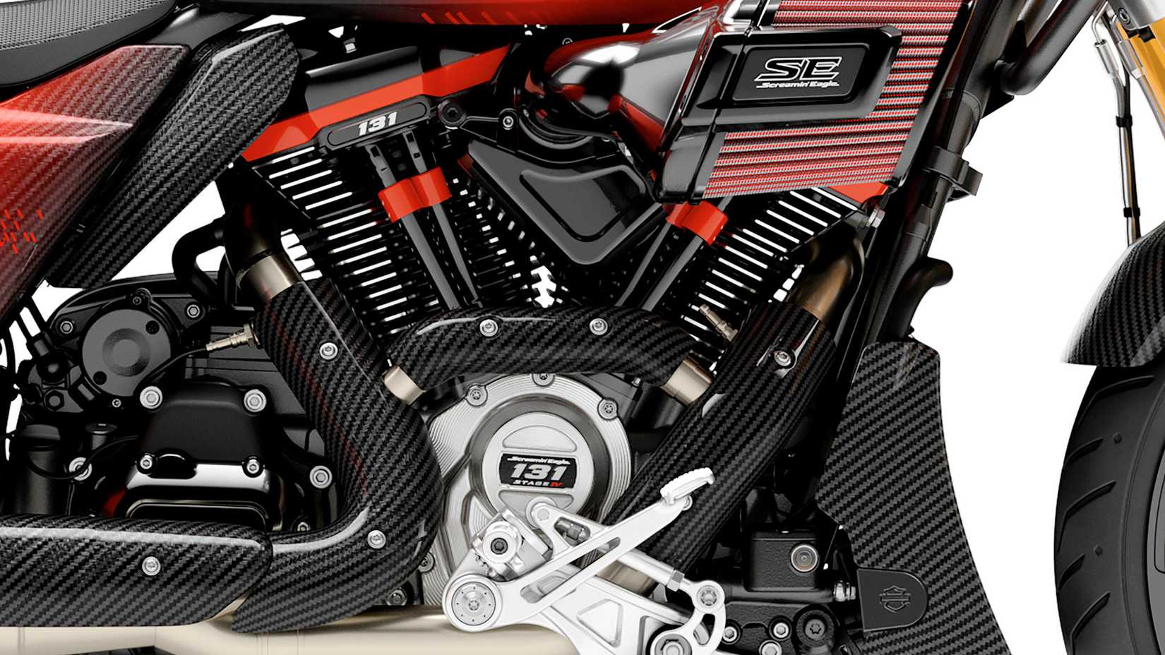 Screamin' Eagle 131 em detalhe de close-up do motor Harley-Davidson CVO Road Glide RR 2025