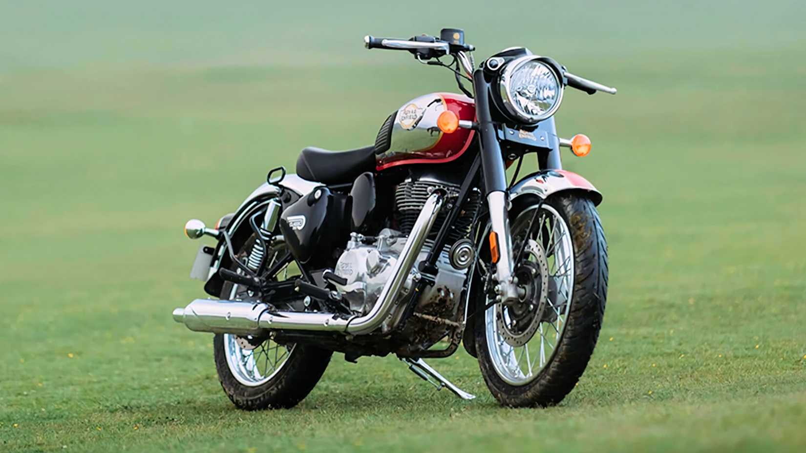 2025 Royal Enfield Classic 350 static front quarter shot parked in a field