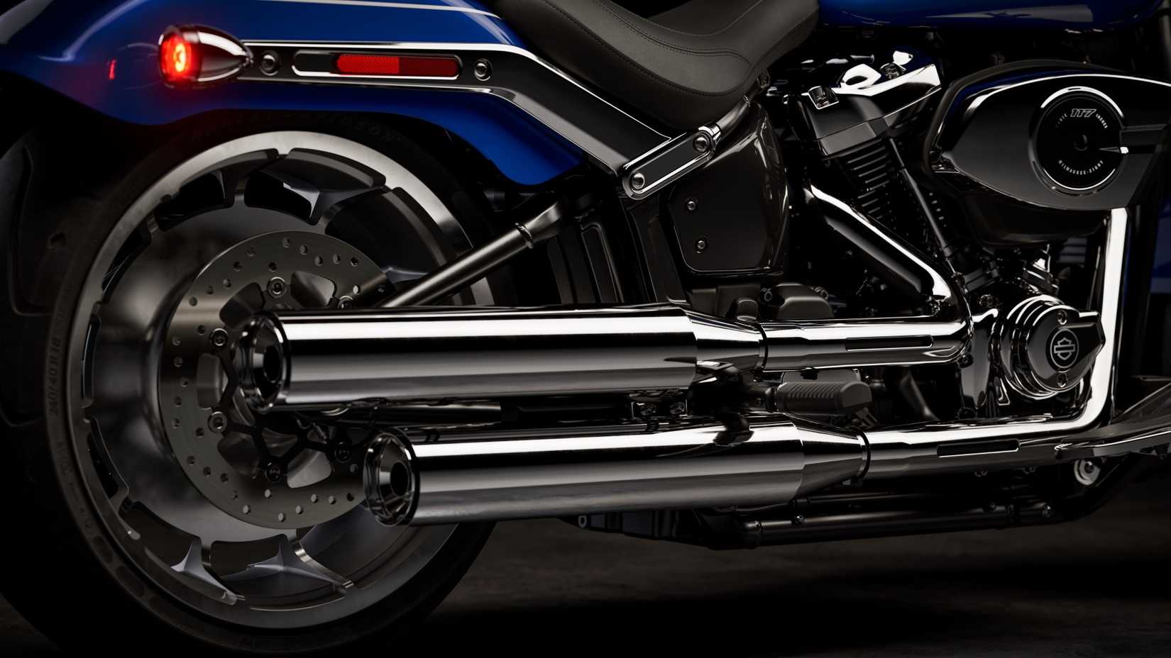 2025 Harley-Davidson Fat Boy chrome exhaust system close-up shot