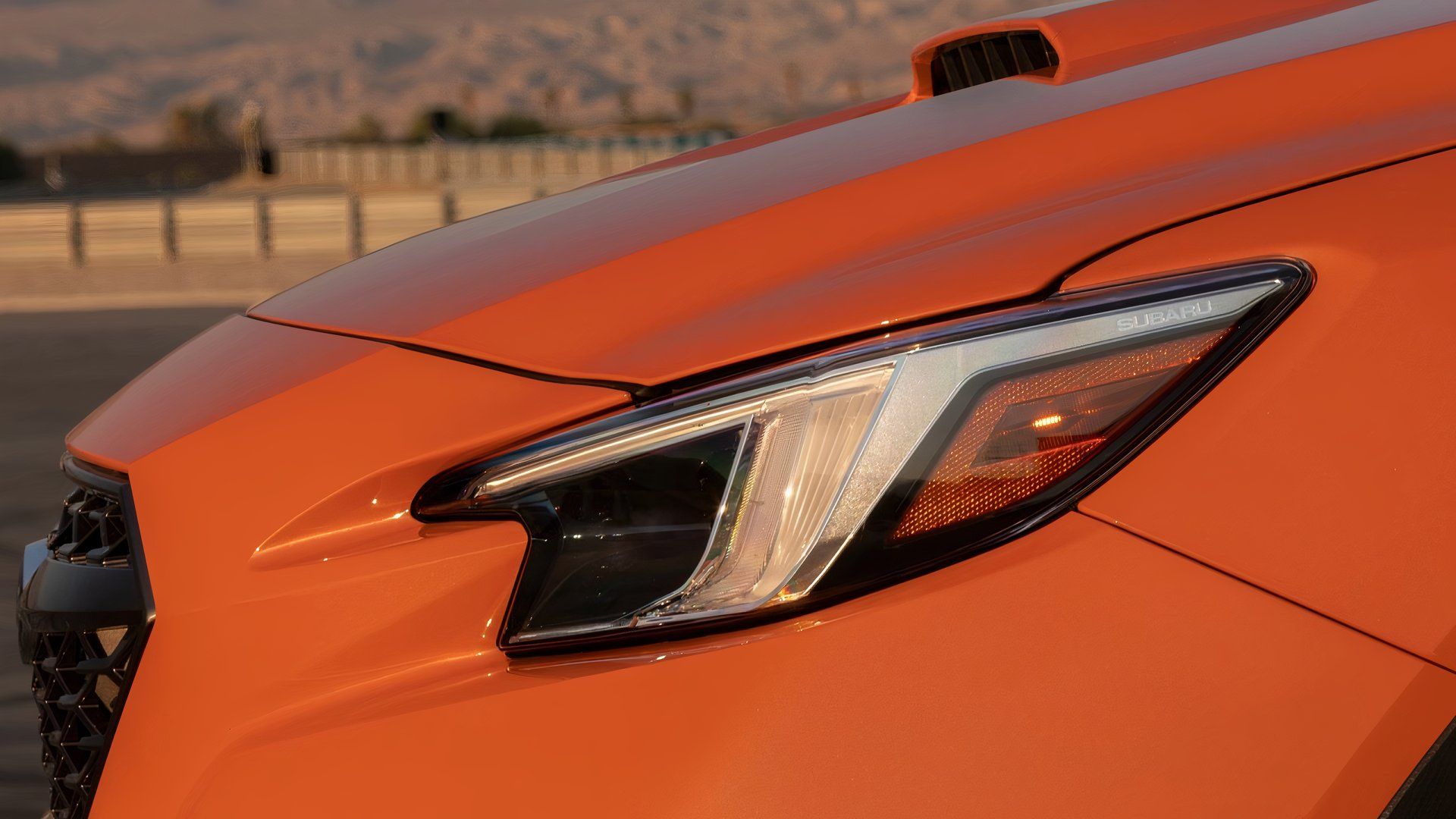 2022 Subaru WRX, closeup of hood and light from side 