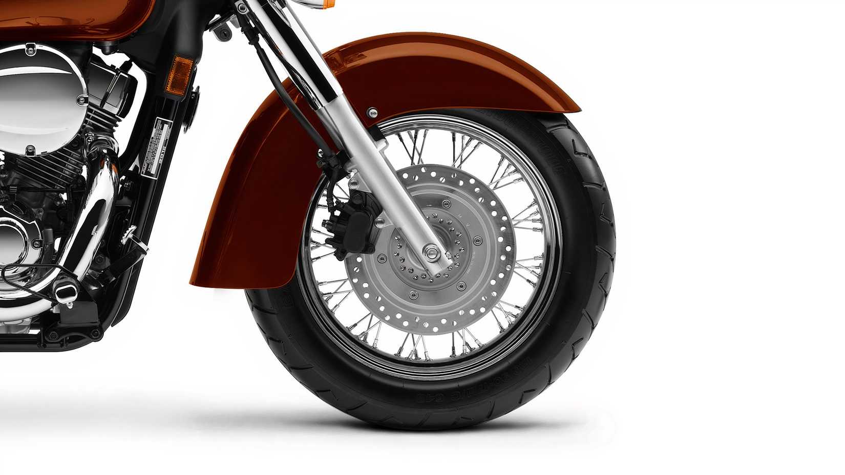 Honda Shadow front wheel and tire close-up shot