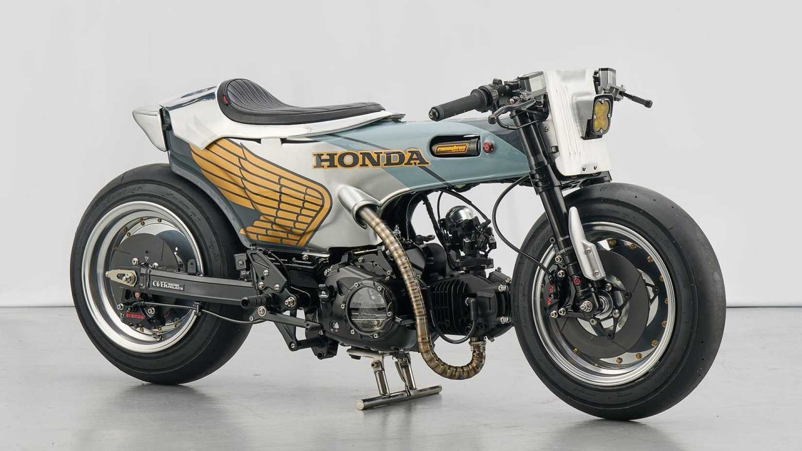 Custom Honda minimoto flat tracker with air suspension front third quarter view