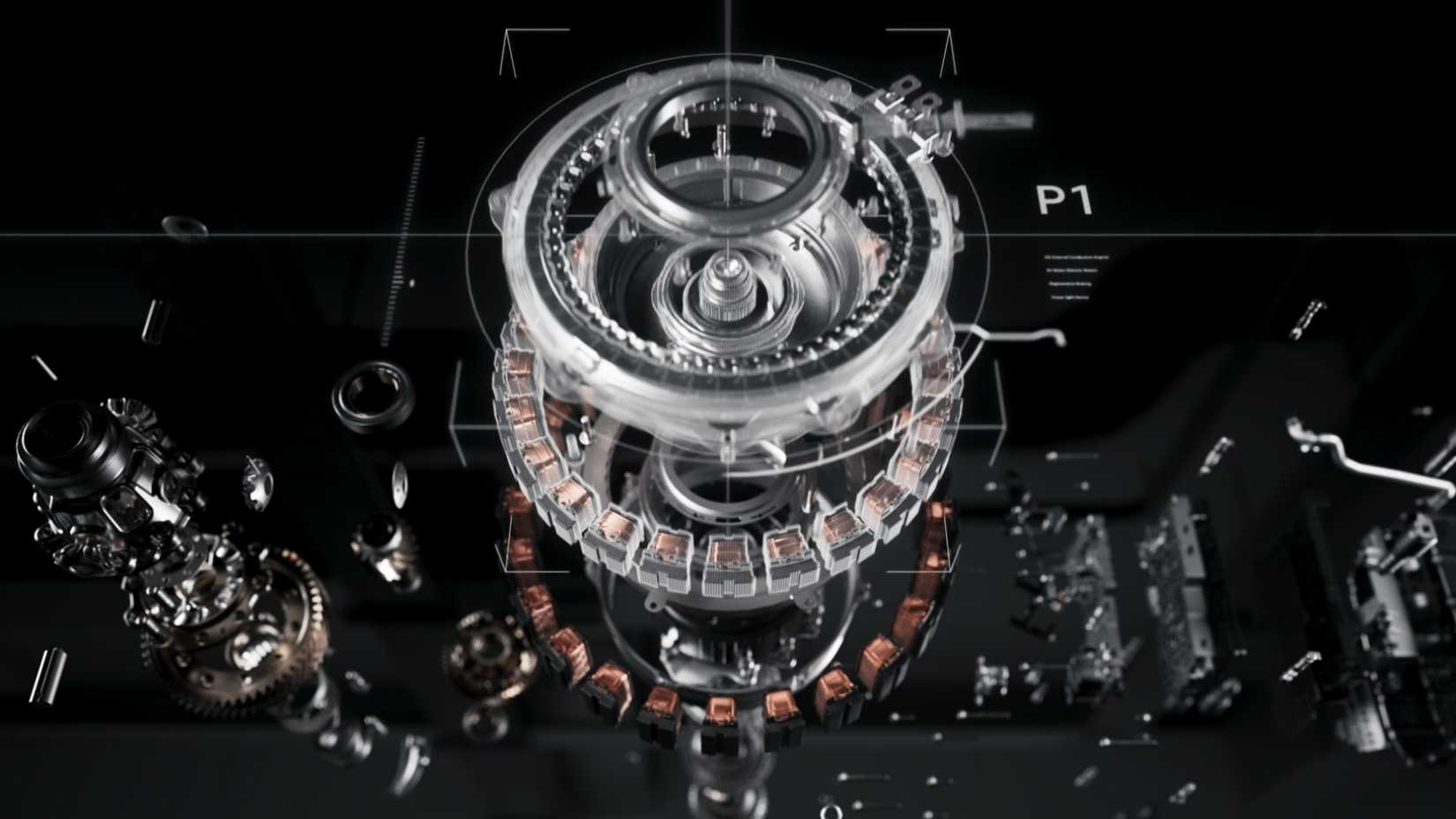 Visão explodida do novo sistema híbrido do Hyundai Motor Group