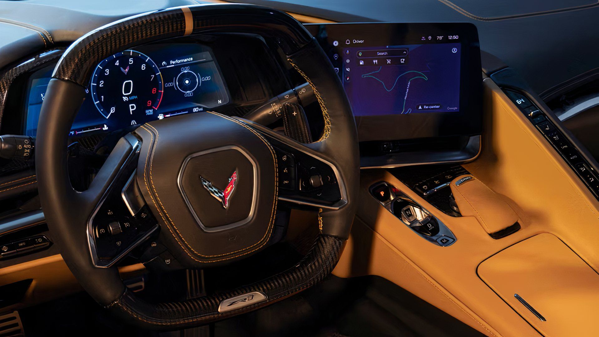 Interior do Chevrolet Corvette ZR1 2025 mostrando volante e controles