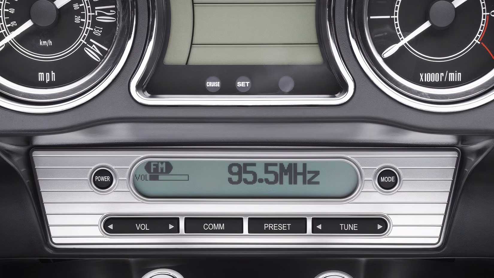 A close-up shot of the Kawasaki Vulcan 1700 Voyager's radio buttons 