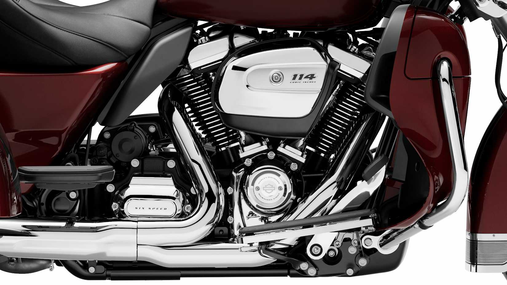 Milwaukee-Eight 114 em um motor Harley-Davidson TriGlide Ultra 2022 detalhado em close-up