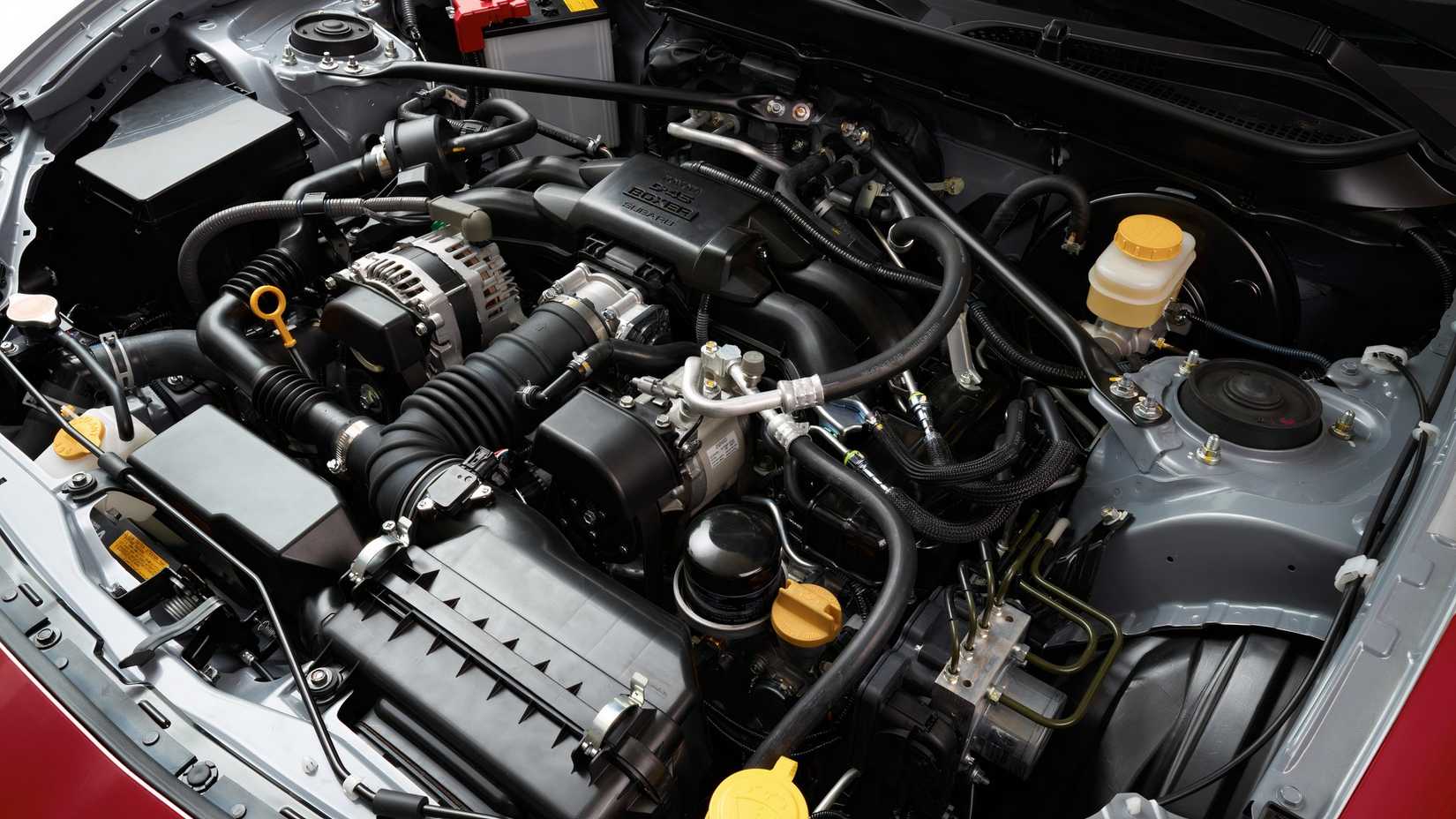 Close-up shot of a Scion FR-S engine bay showing FA20 flat-four