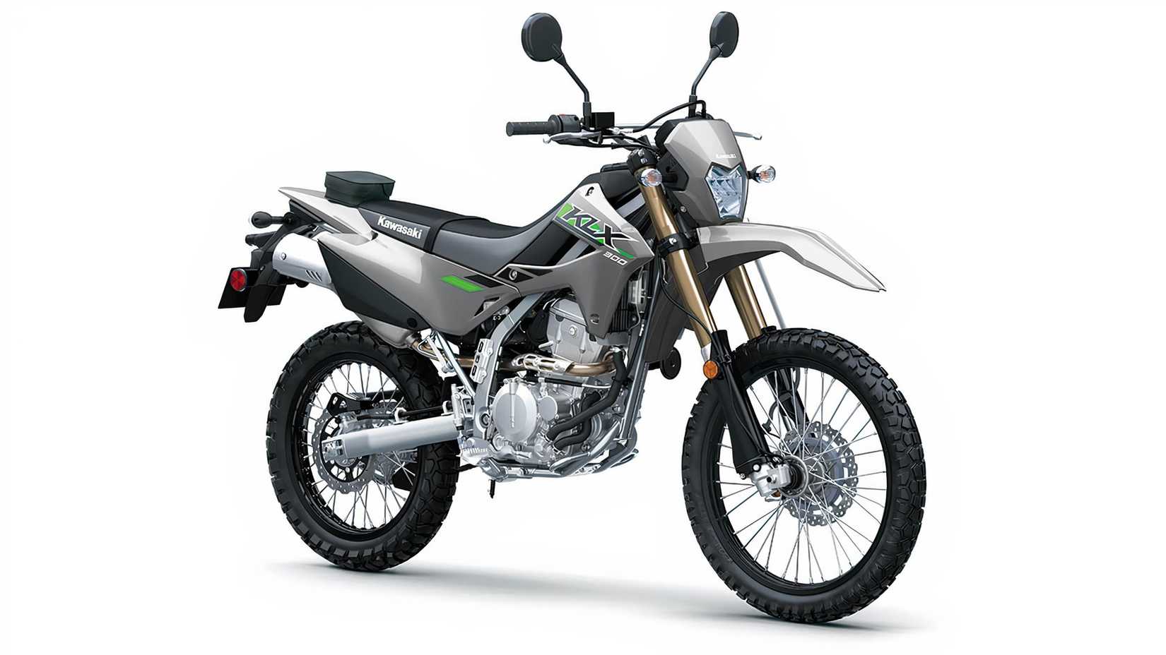 Uma foto de estúdio da Kawasaki KLX300 2026 do lado direito