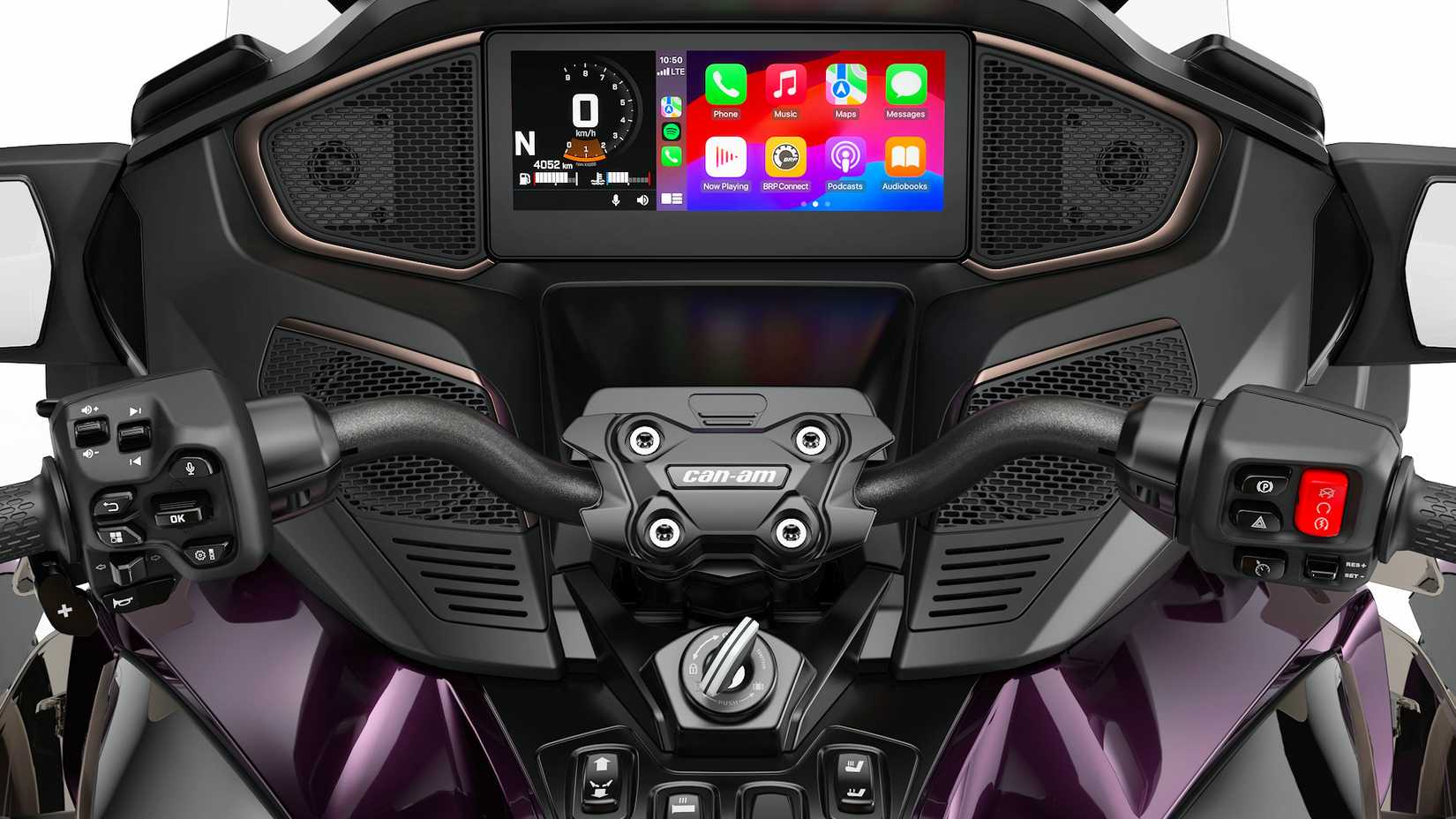 Cockpit Can-Am Spyder RT Sea-to-Sky 2025 - Apple CarPlay - detalhe em close-up