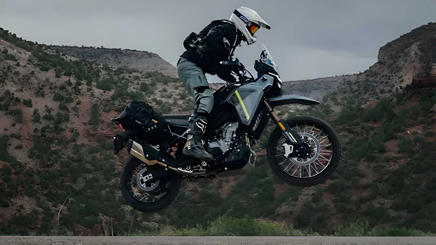 CFMoto Ibex 450 ADV taking flight