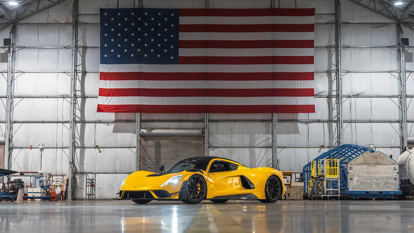 2025 Hennessey Venom F5 Evolution in yellow parked in hangar