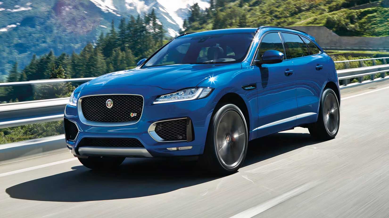 2017 Jaguar F-Pace S in blue driving on country road
