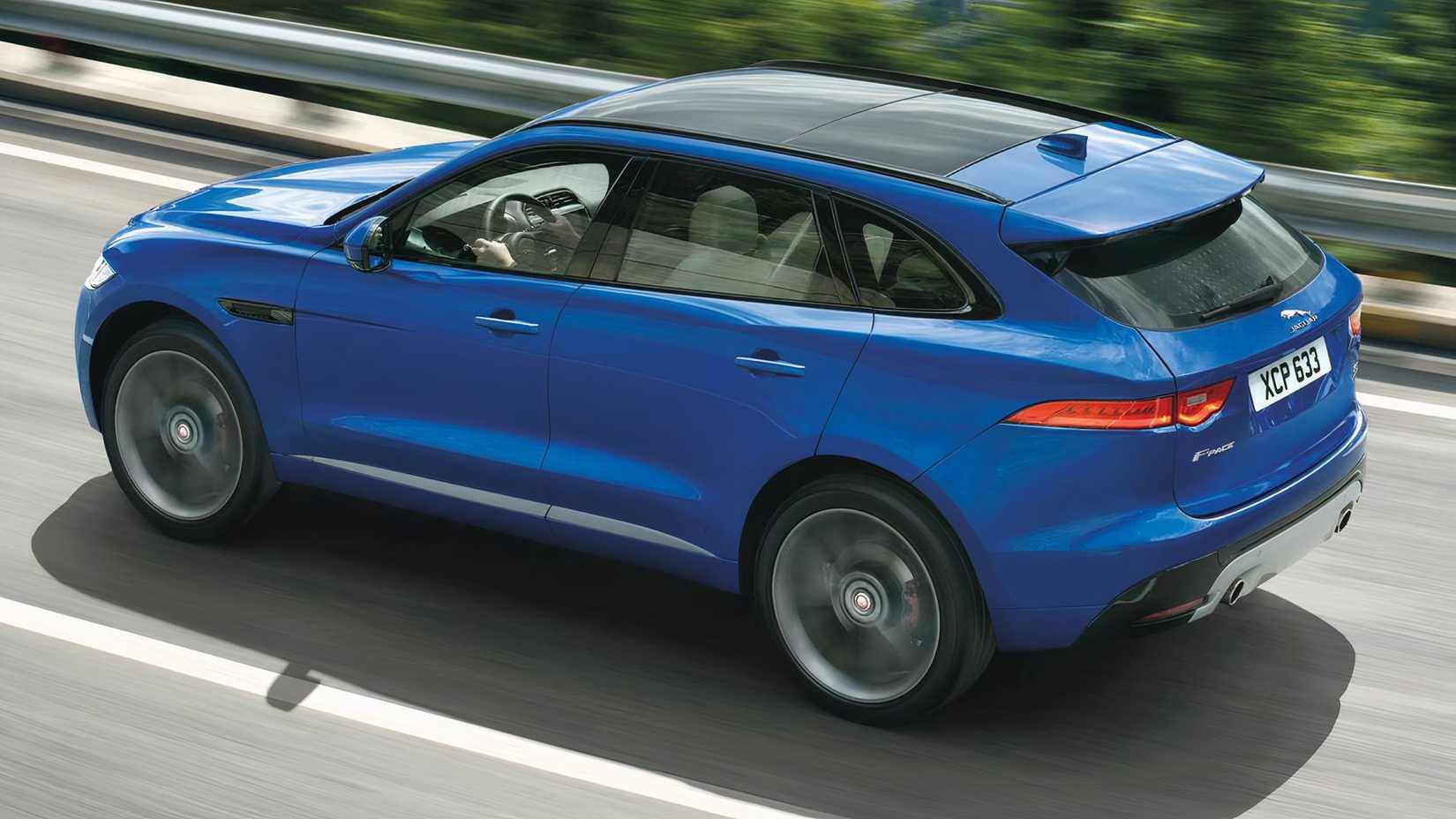 2017 Jaguar F-Pace S in blue driving on road