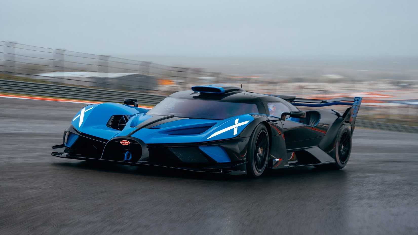 Bugatti Bolide in blue driving on racetrack