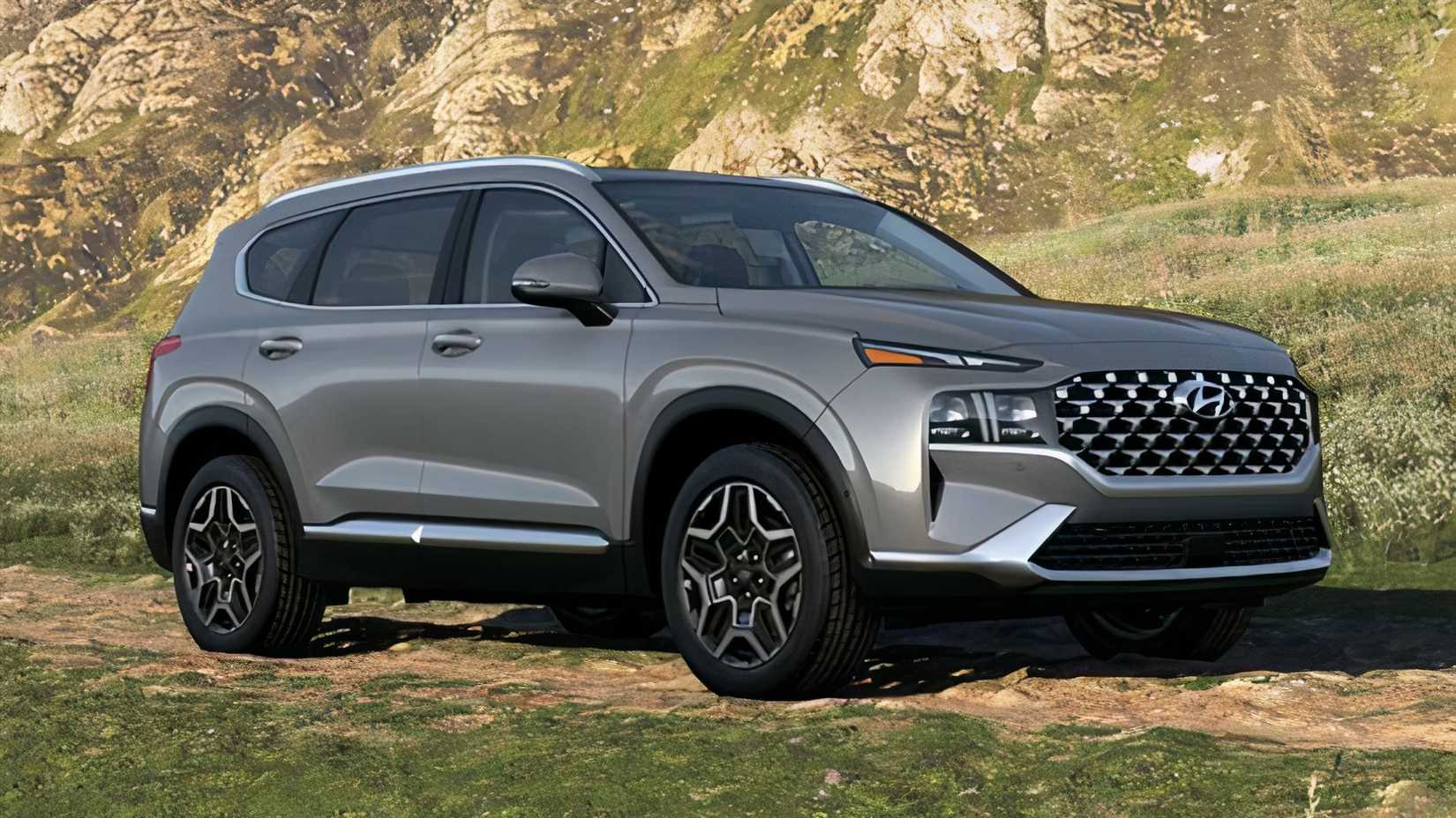 A front 3/4 of the 2023 Hyundai Santa Fe Hybrid.