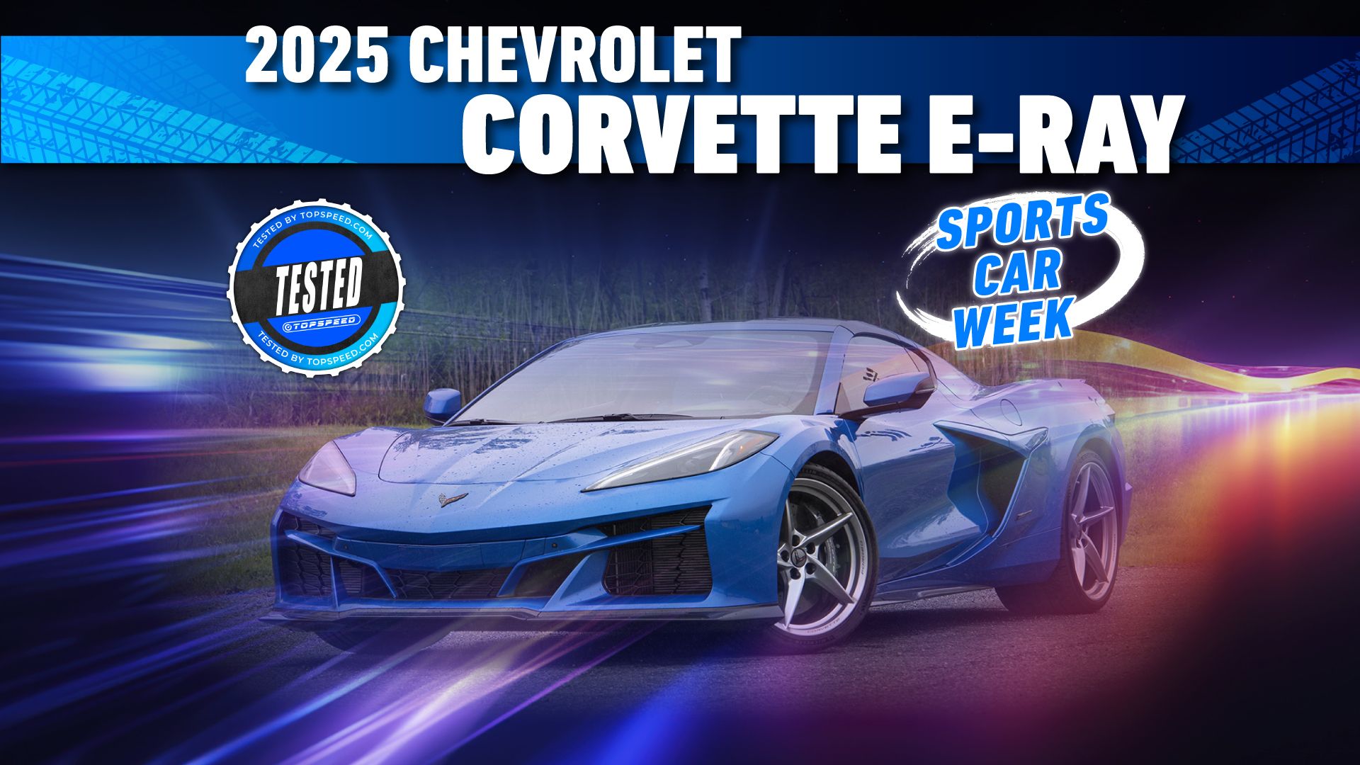 Blue 2025 Chevrolet Corvette E-Ray front three-quarters with background and 