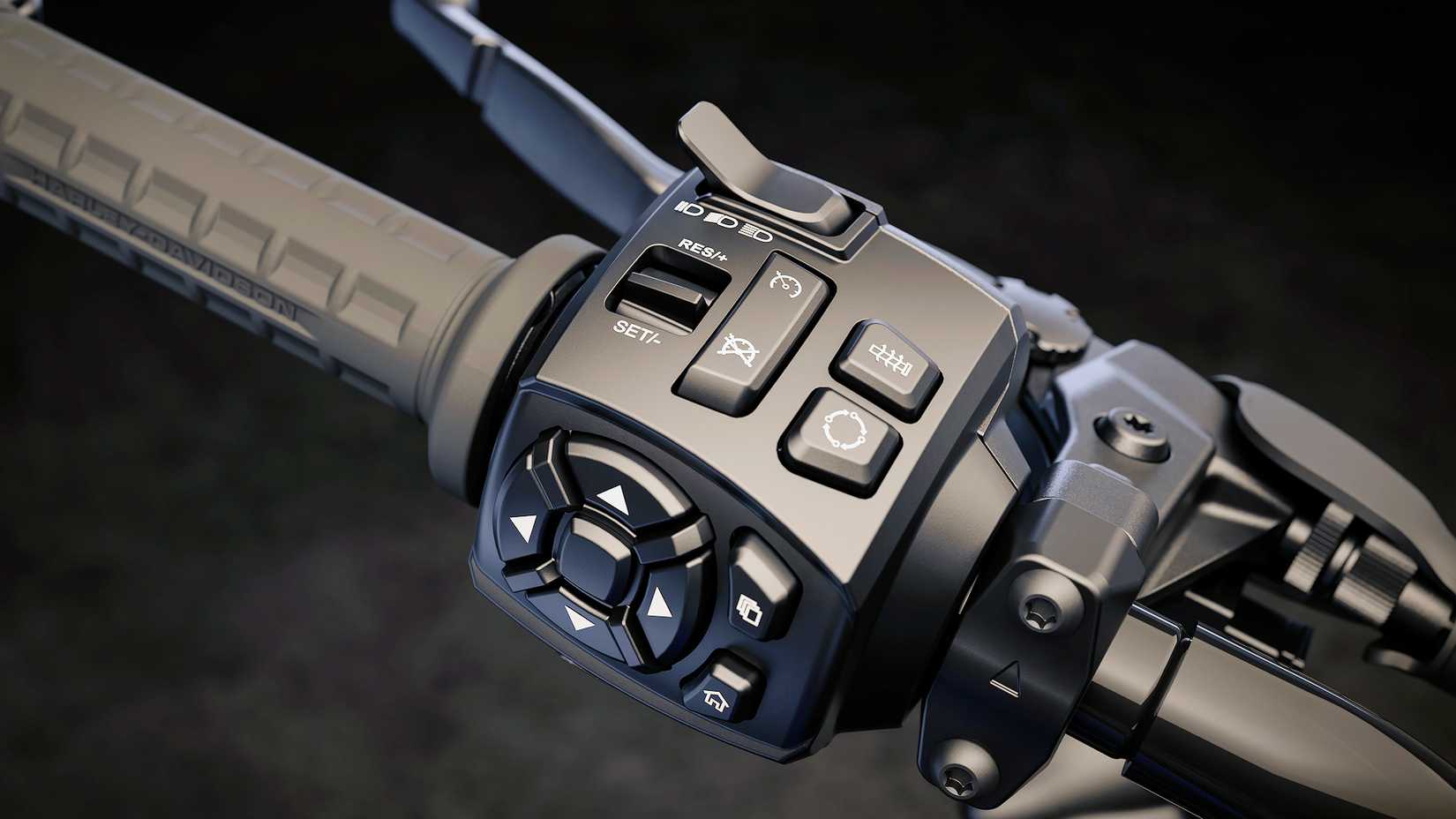 Detalhe de close-up do bloco de interruptores esquerdo da Harley-Davidson Sportster S 2025