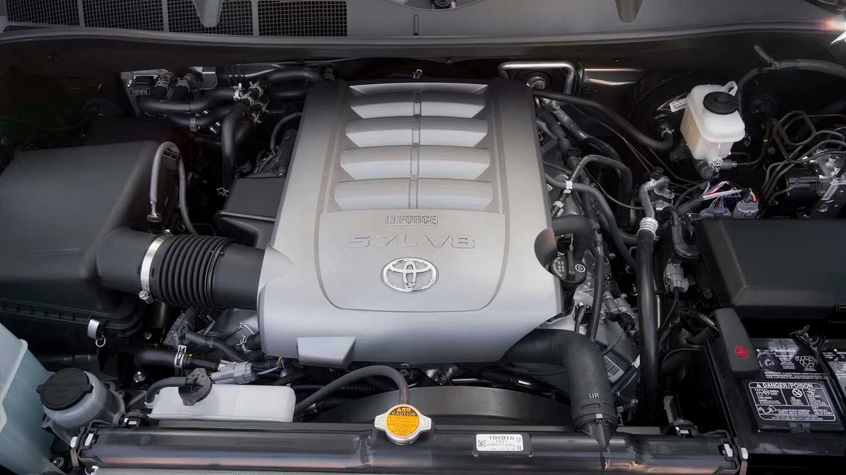 2015 Toyota Sequoia engine bay showing 5.6-liter V8