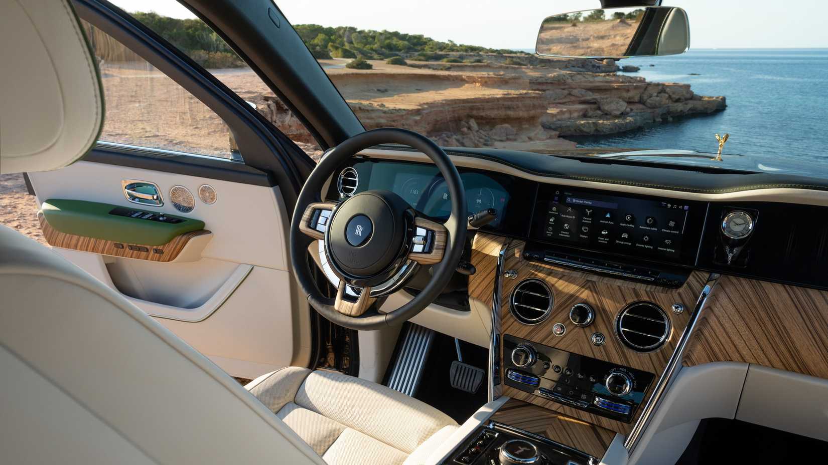 Shot of 2019 Rolls-Royce Cullinan interior showing front cabin