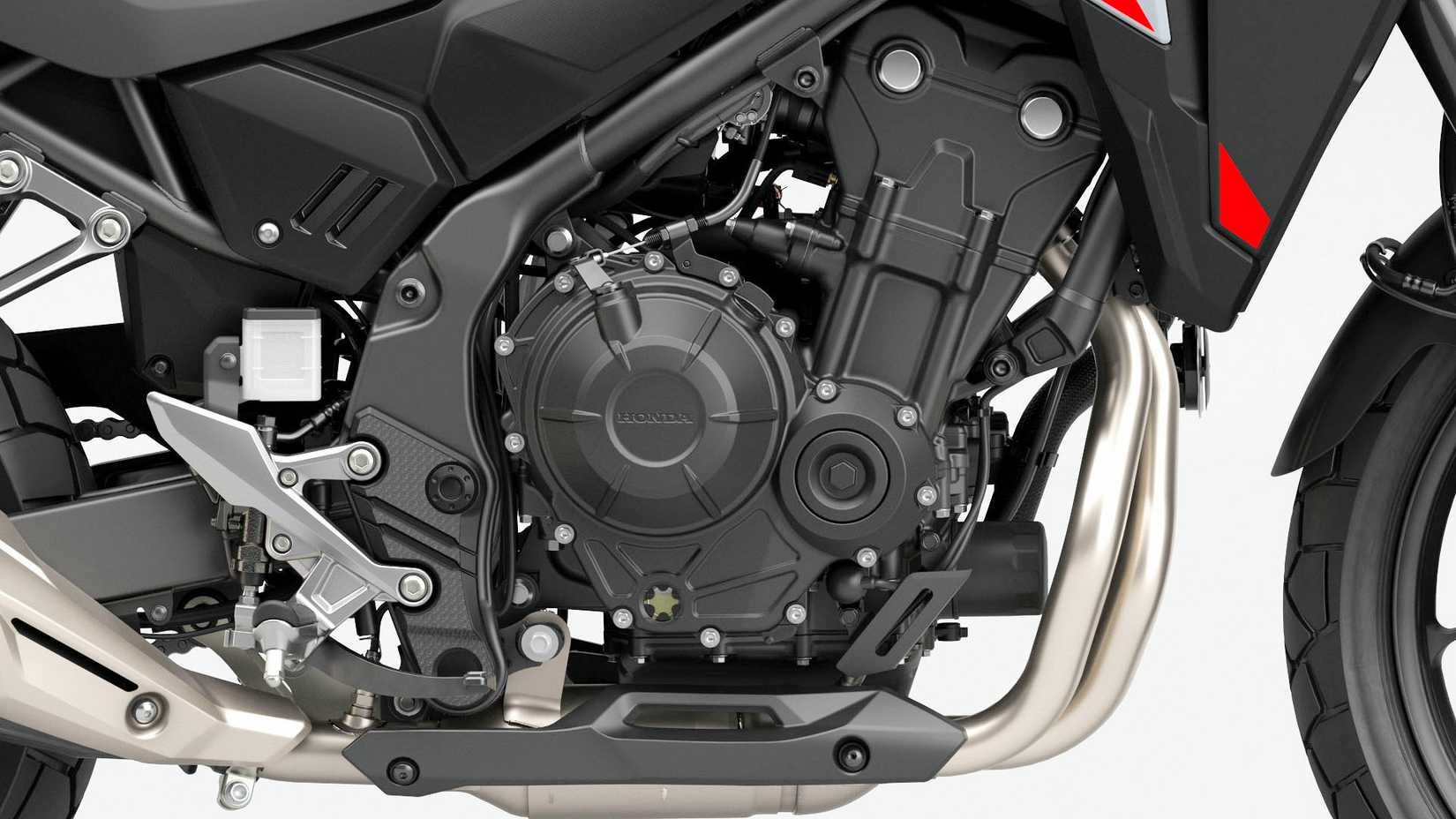 Detalhe em close do motor Honda NX500 2025 - à direita