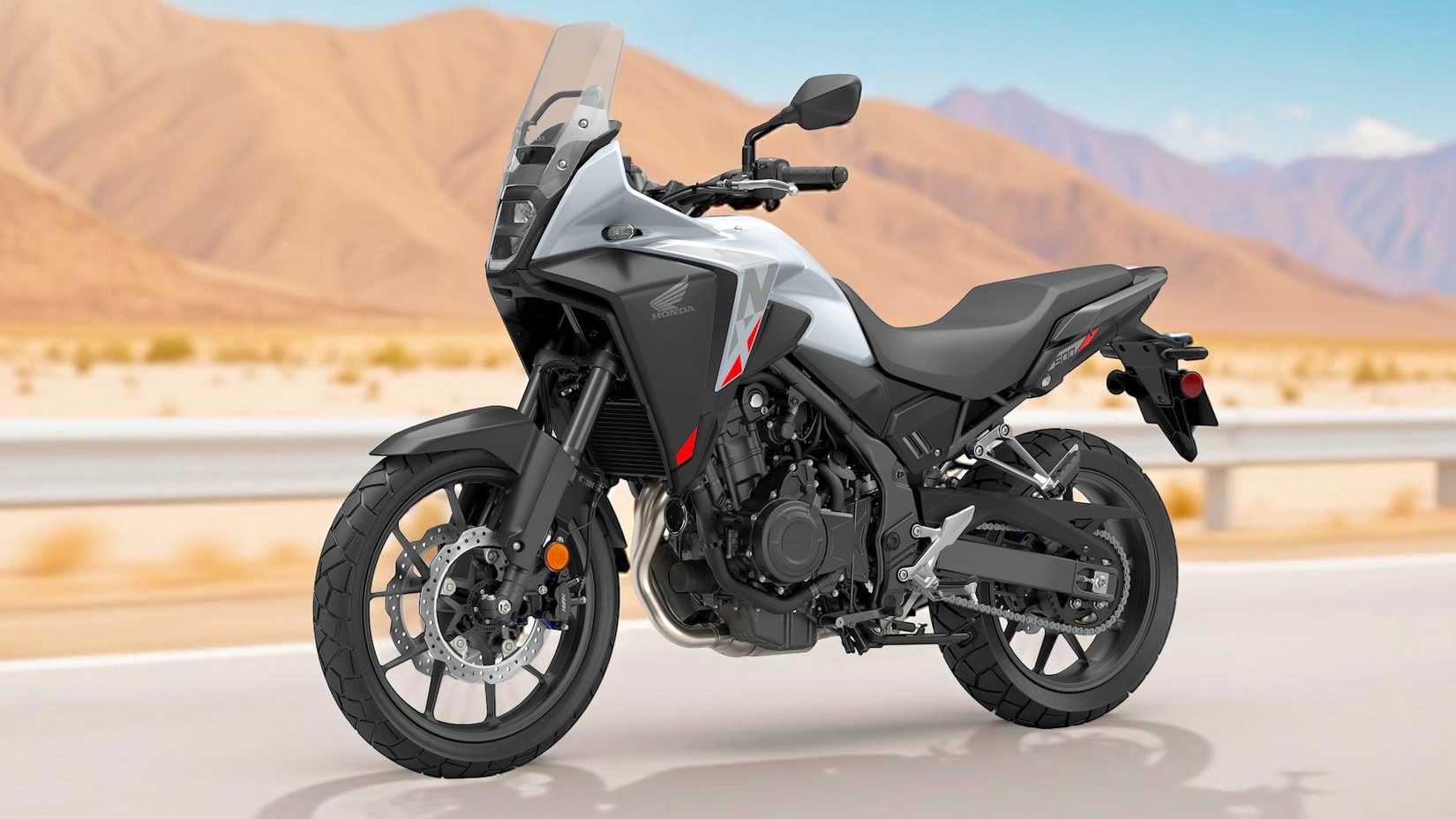 Foto estática do quarto frontal do Honda NX500 2025