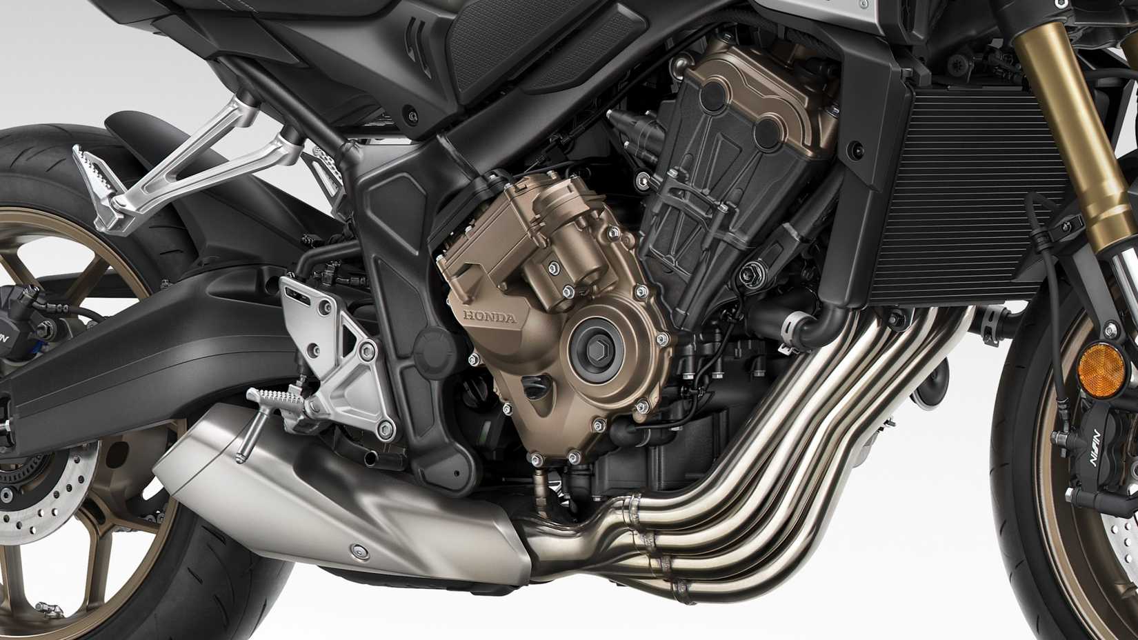 Honda CB650R engine close-up shot