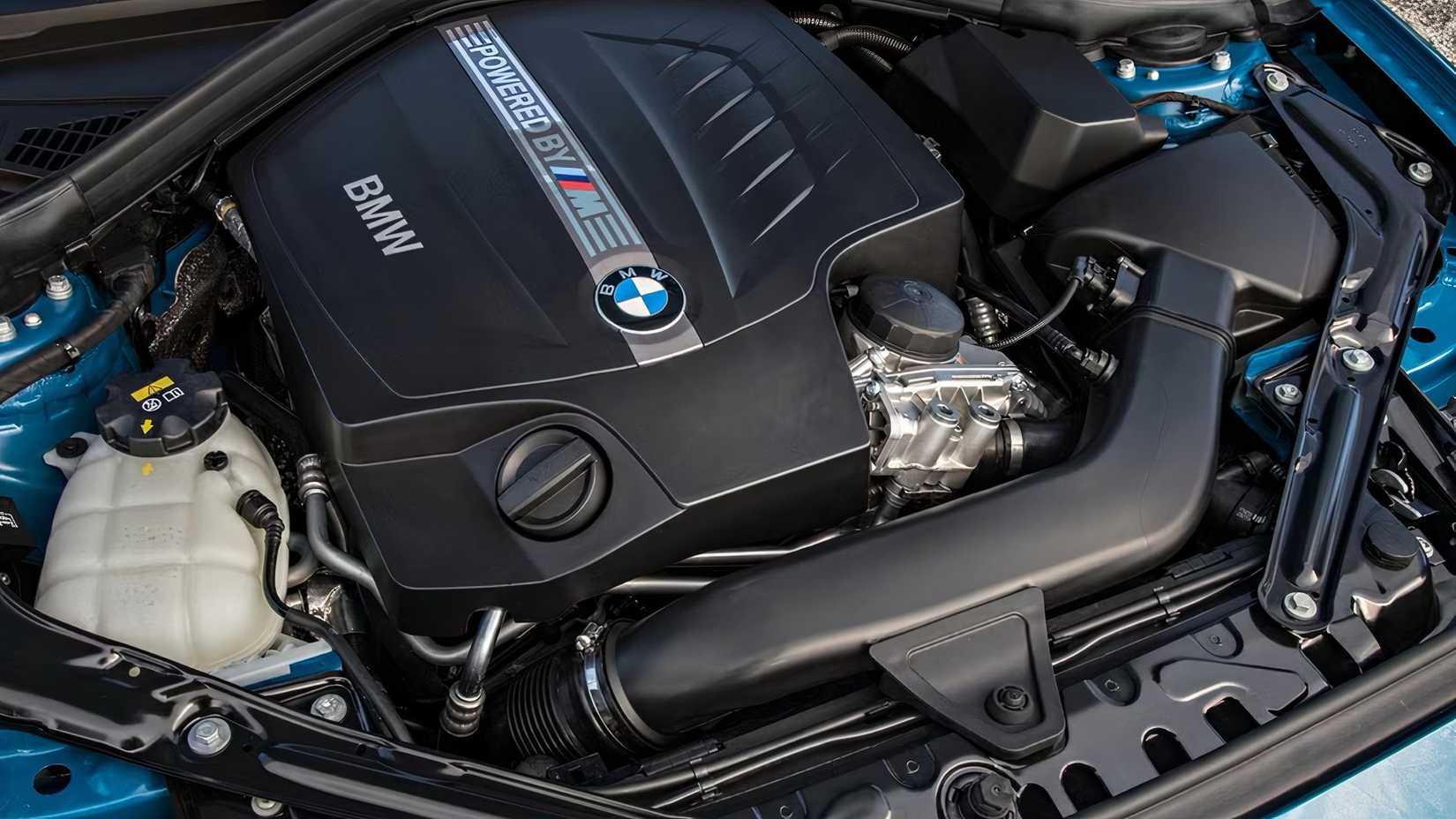 Close-up shot of 2020 BMW M2 engine bay