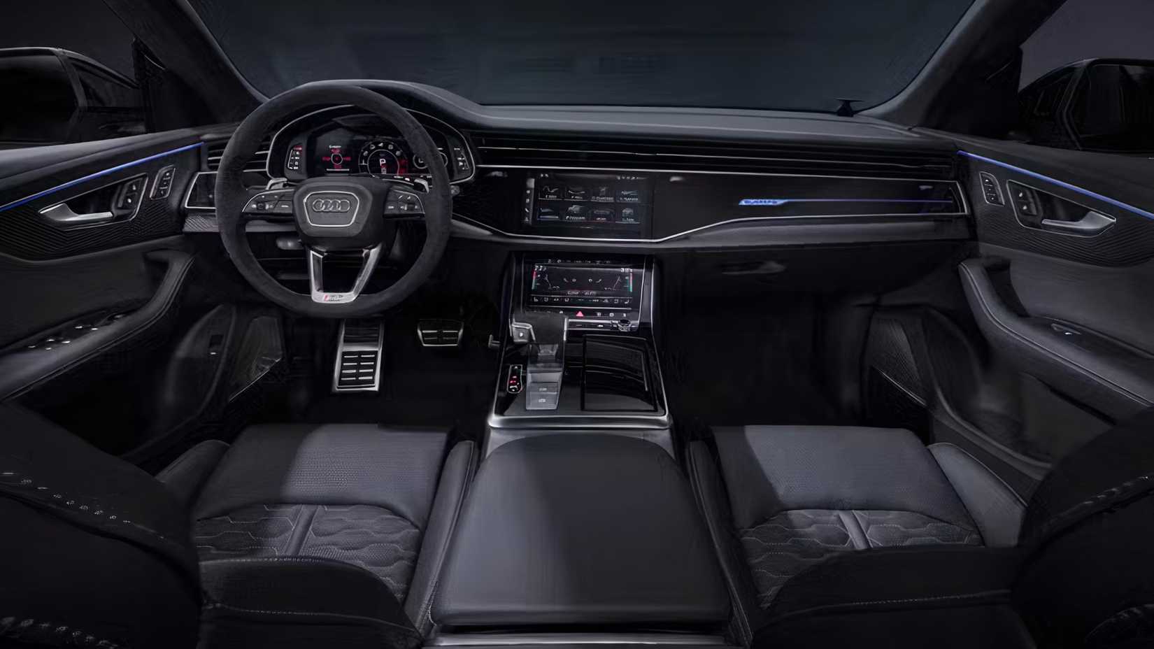 Interior do Audi RS Q8 2025 mostrando cabine dianteira