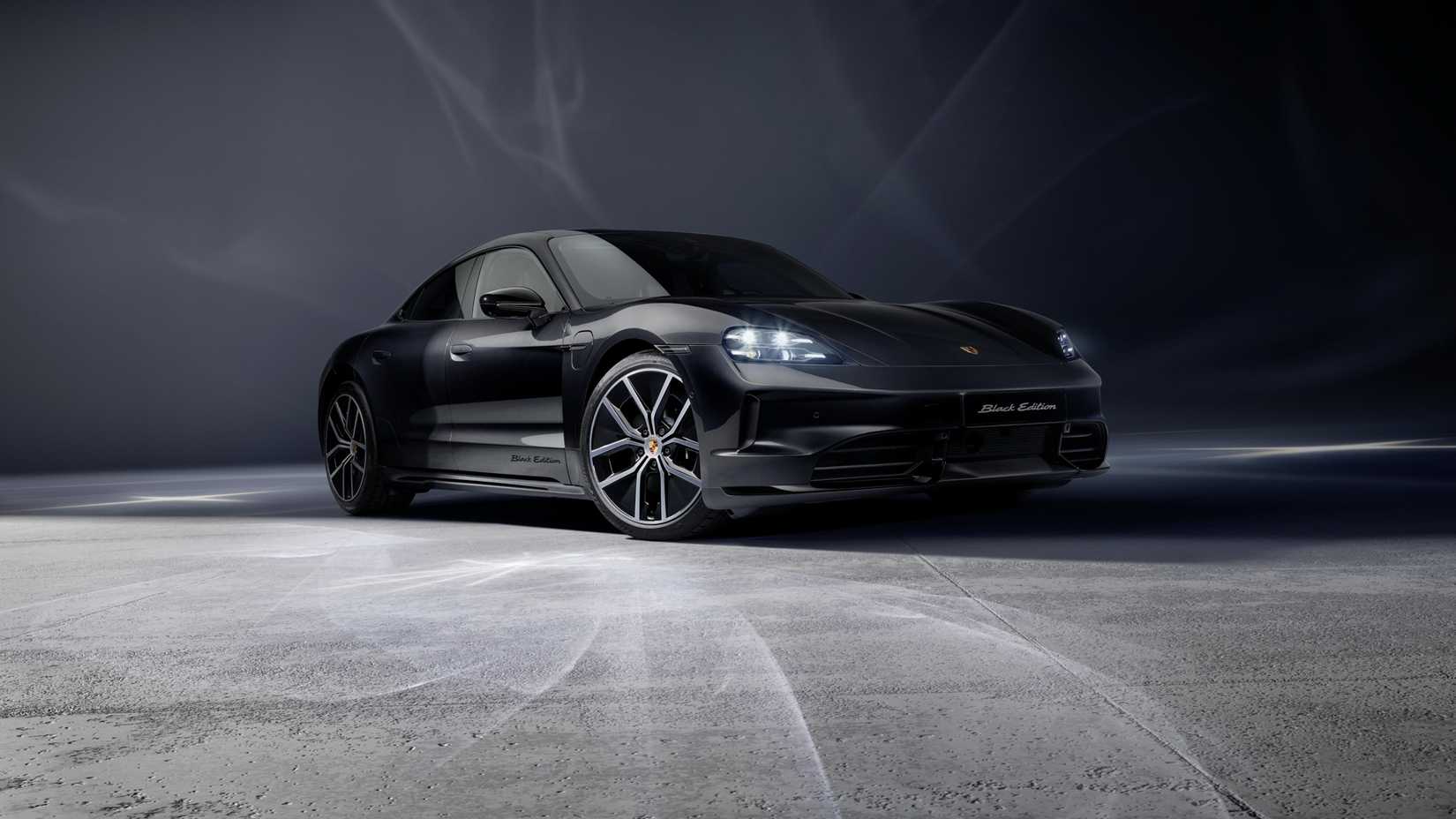 Front 3/4 view of the 2026 Porsche Taycan Black Edition