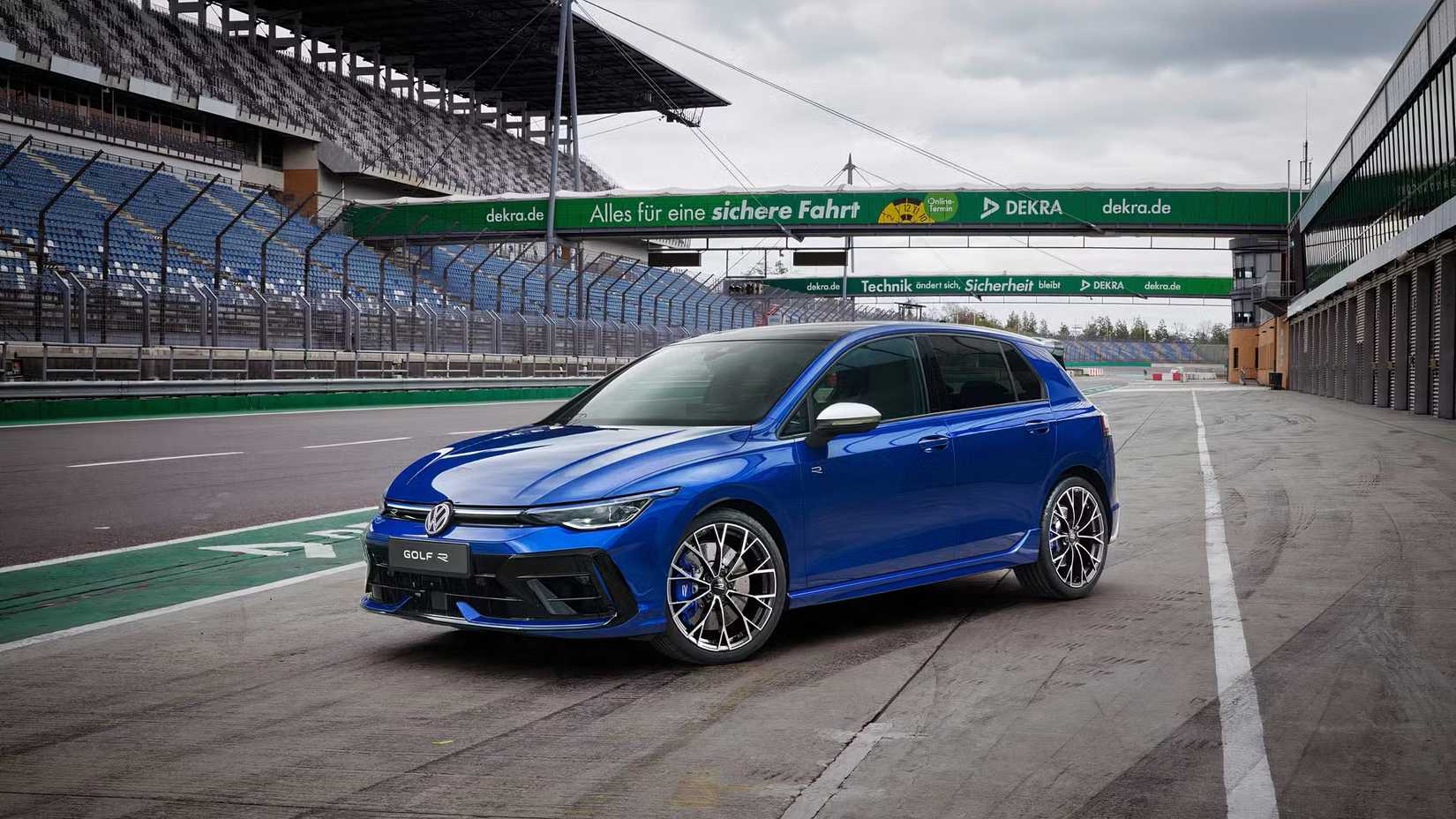 2025 Volkswagen Golf R in blue parked on race track