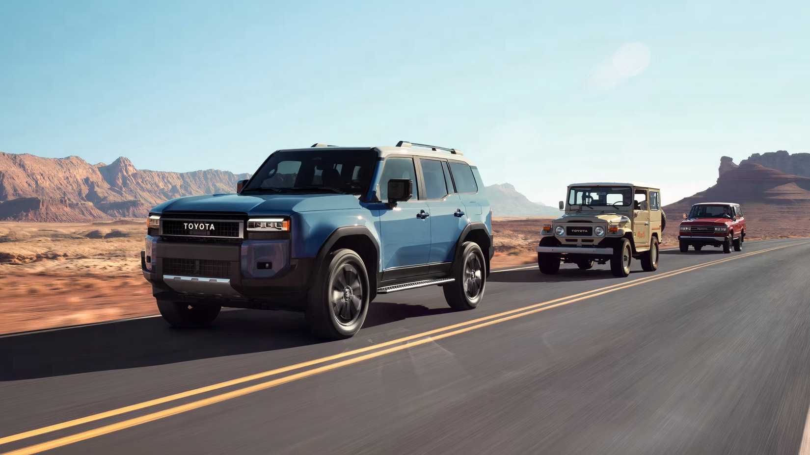 Toyota Land Cruiser generations driving on desert road