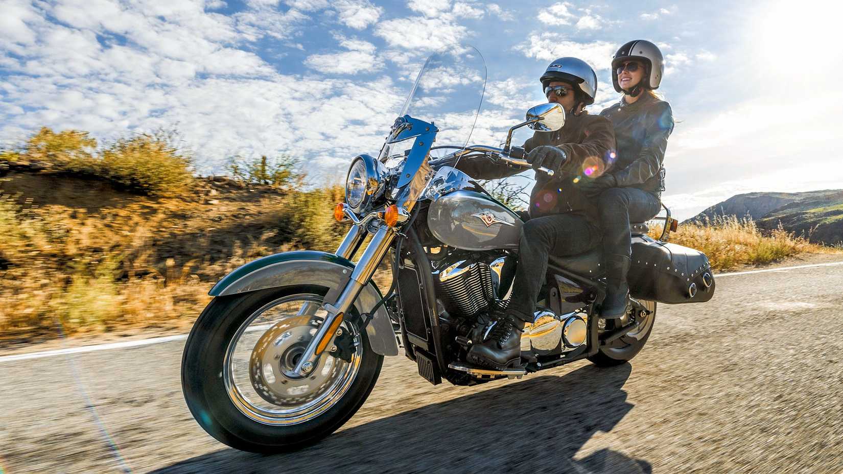 Rider and passenger on a 2025 Kawasaki Vulcan 900 Classic LT