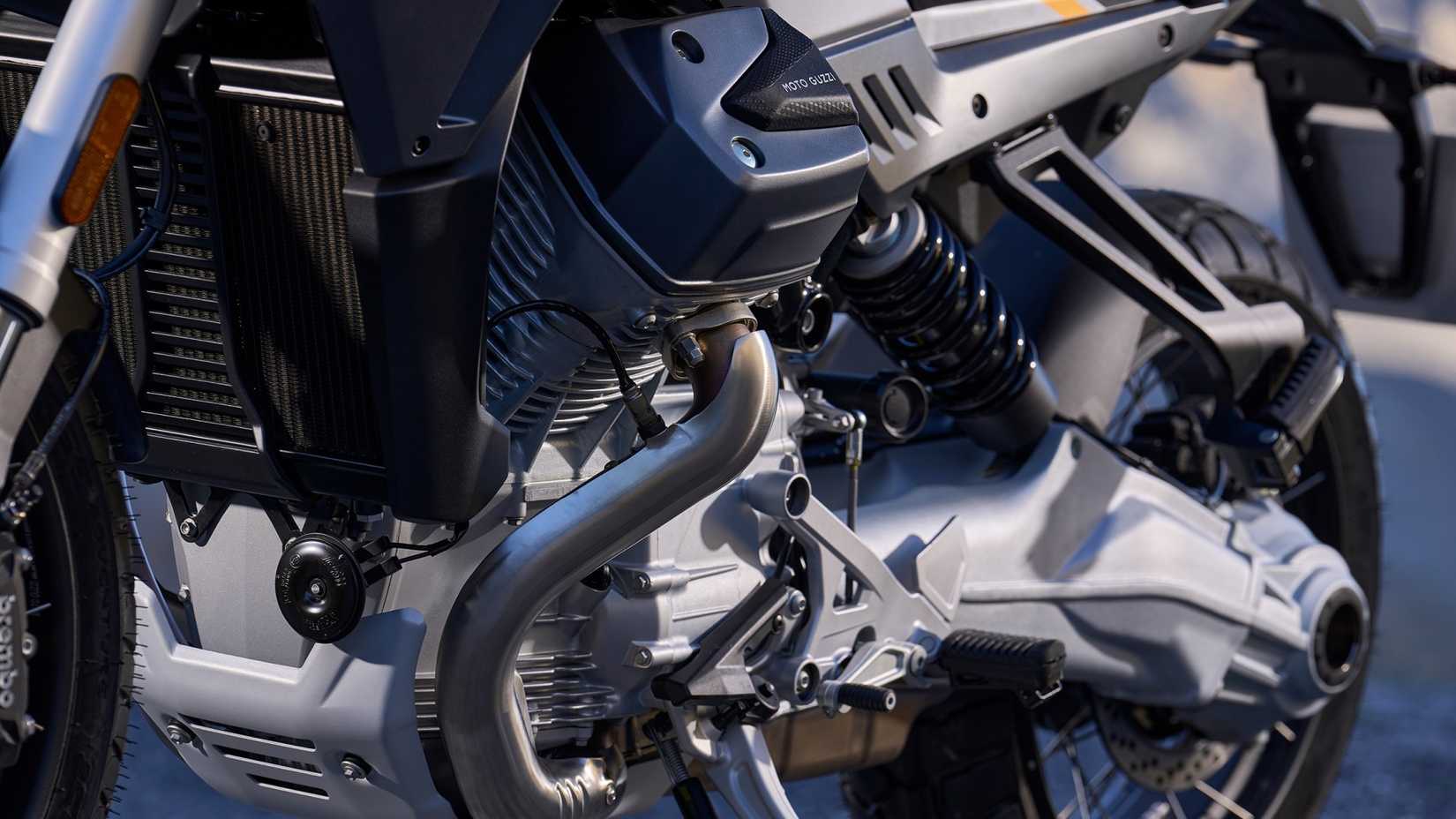 Moto Guzzi Stelvio transversly positioned V-twin close-up shot