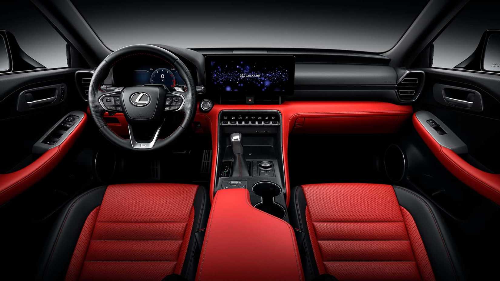 Foto do interior de um Lexus IS 2026 mostrando a cabine dianteira
