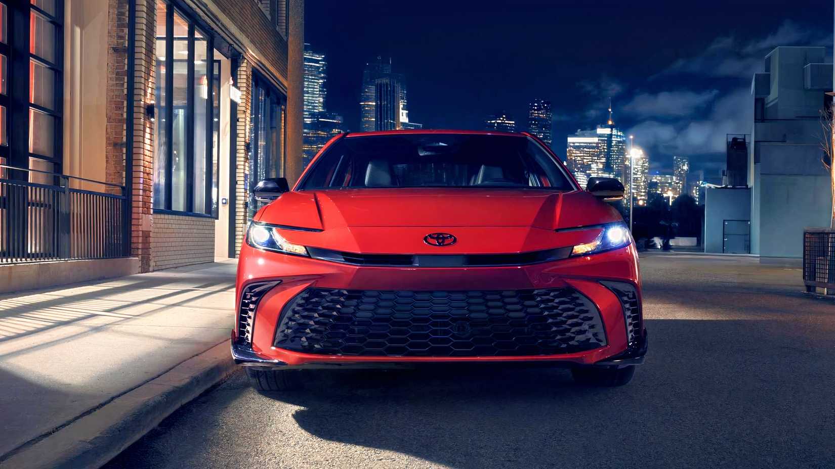 Front shot of 2026 Toyota Camry Nightshade parked on street