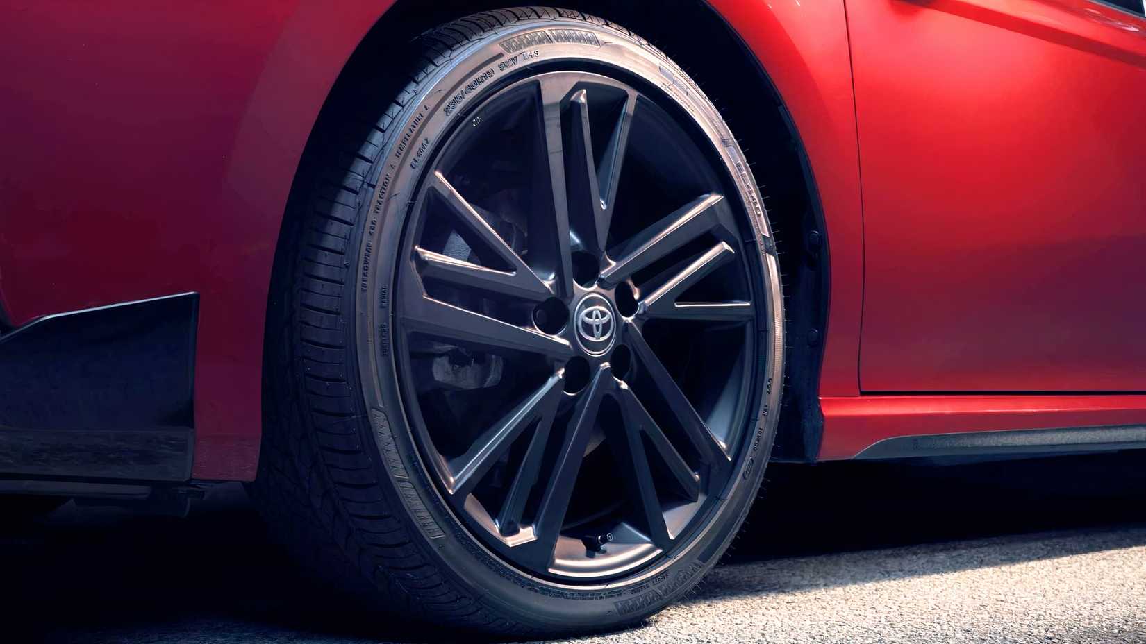 Black 18-inch wheels of a 2026 Toyota Camry Nightshade