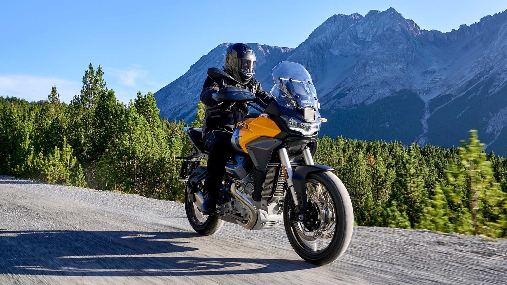 Moto Guzzi Stelvio on the trail front third quarter view