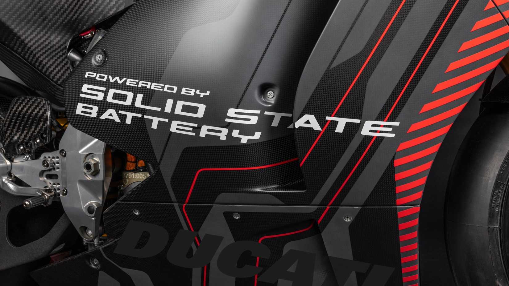 All-electric Ducati V21L prototype solid state battery pack close-up shot