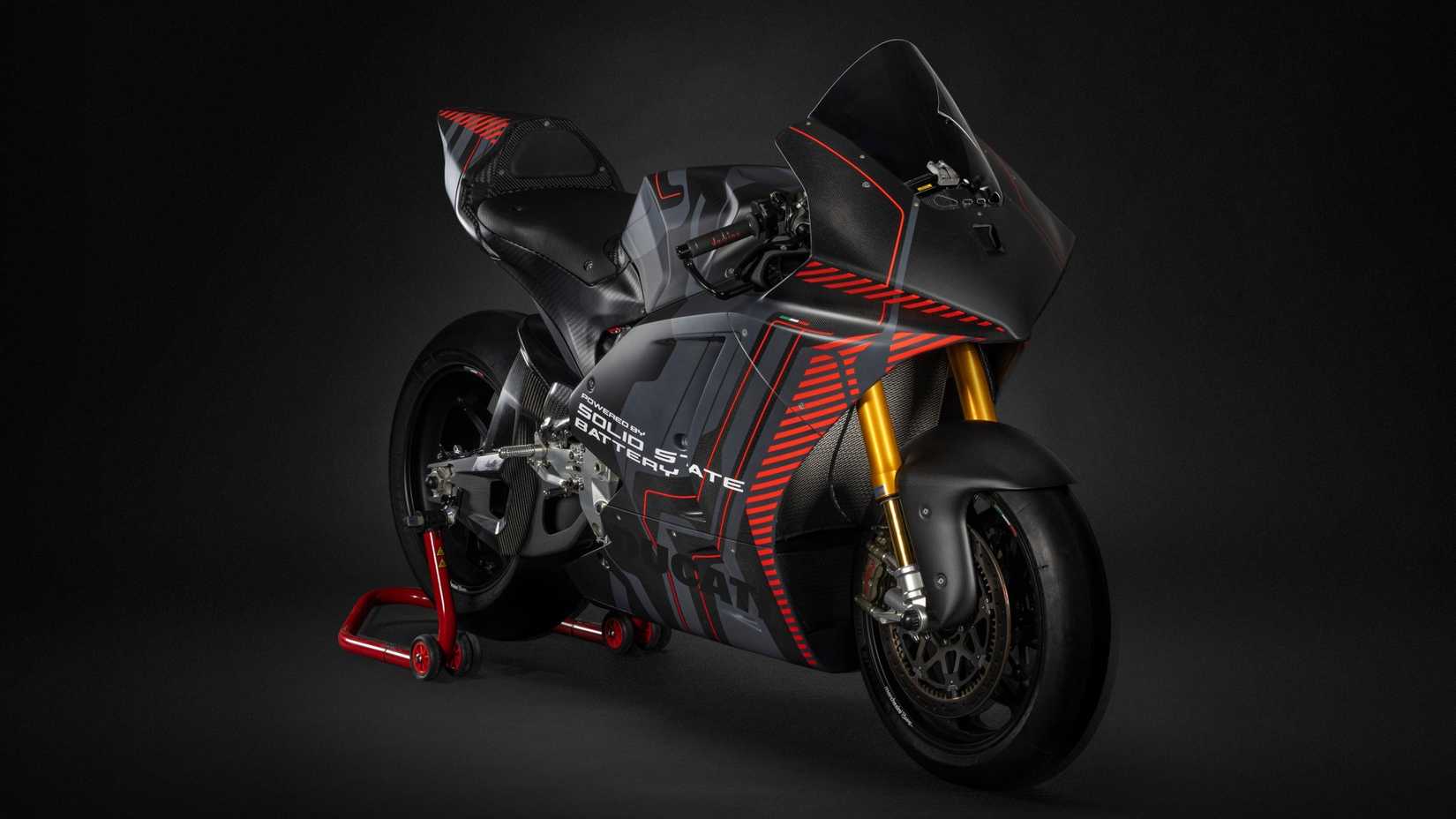 All-electric Ducati V21L prototype front third quarter view
