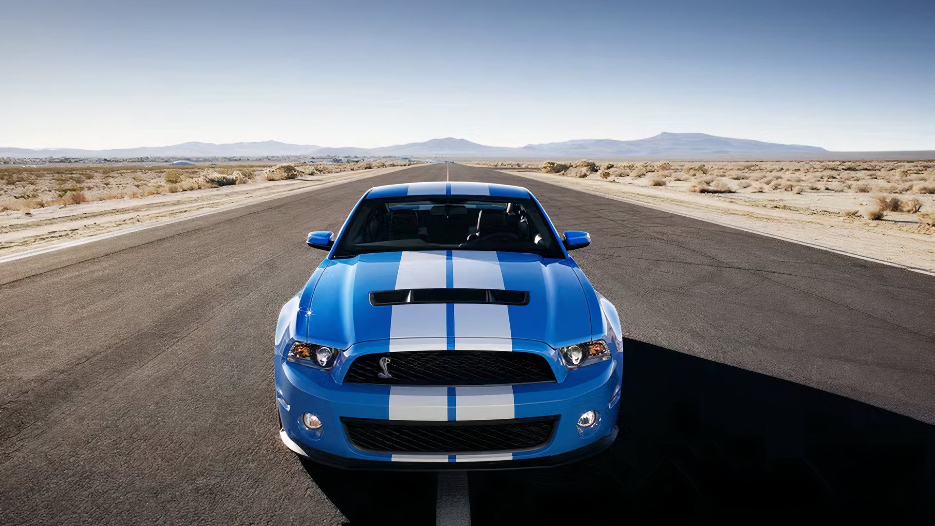 2013 Ford Shelby Mustang GT500 in blue and white driving on desert road
