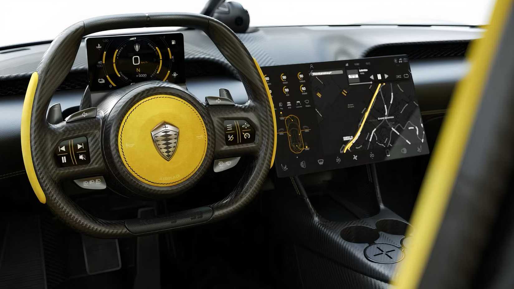 2025 Koenigsegg Gemera interior showing steering wheel and console