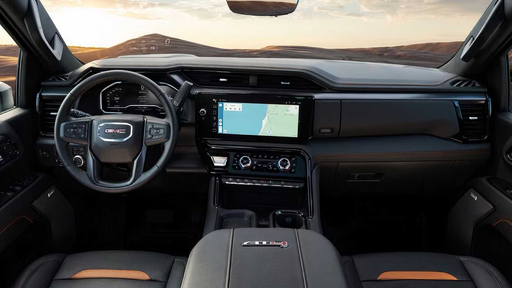 Interior do 2025 GMC Sierra 3500HD mostrando cabine frontal