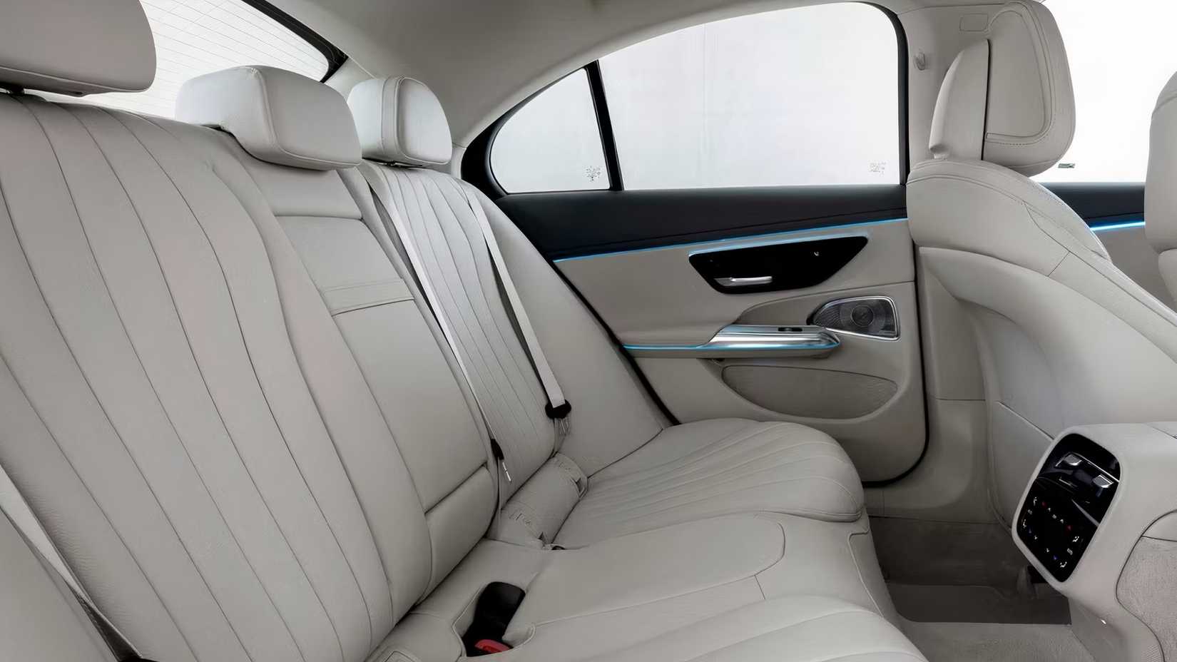 Close-up shot of 2026 Mercedes-Benz E-Class sedan interior showing rear seats
