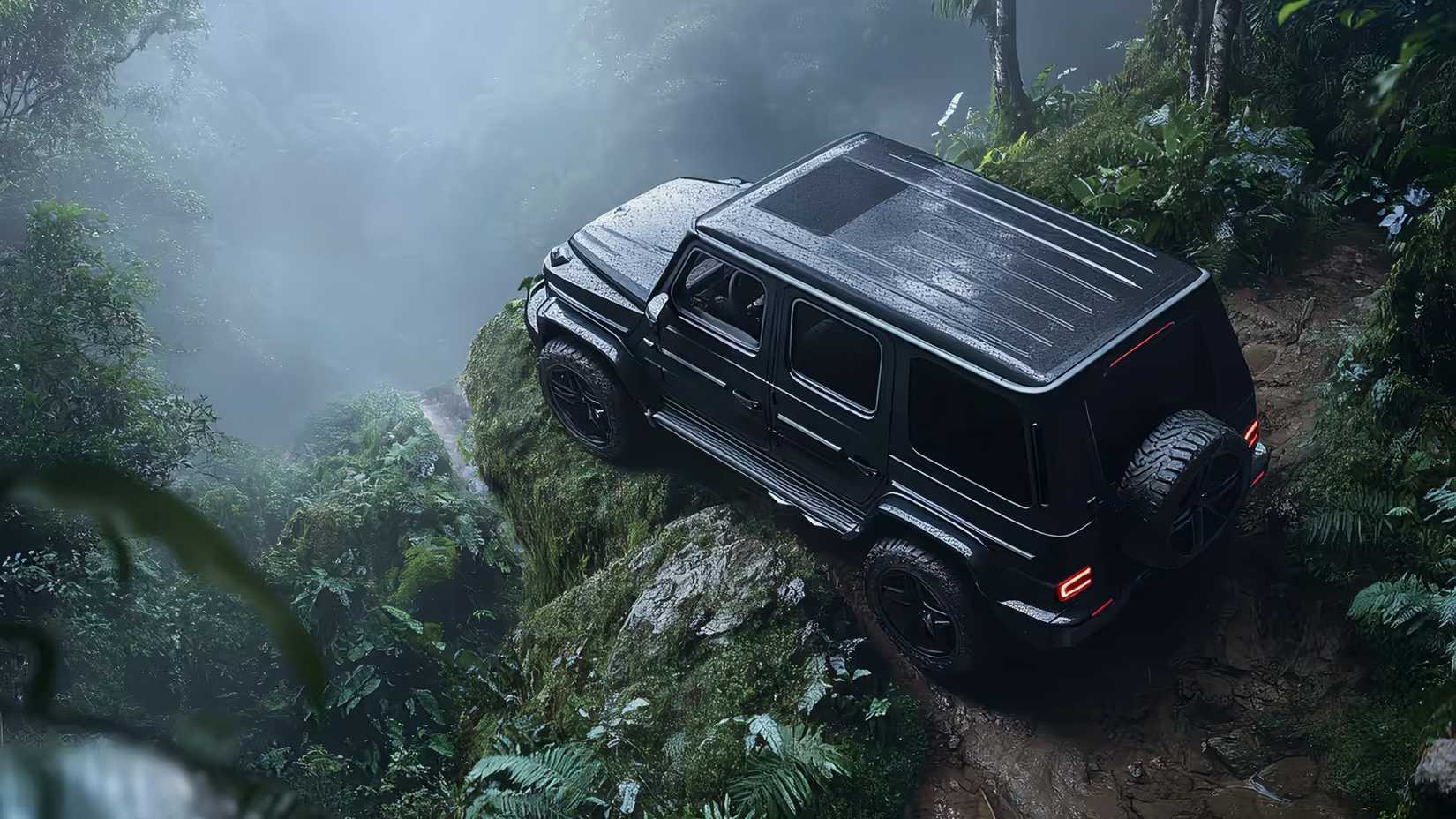 High-angle rear 3/4 shot of Mercedes-Benz G-Class in black parked in a jungle.