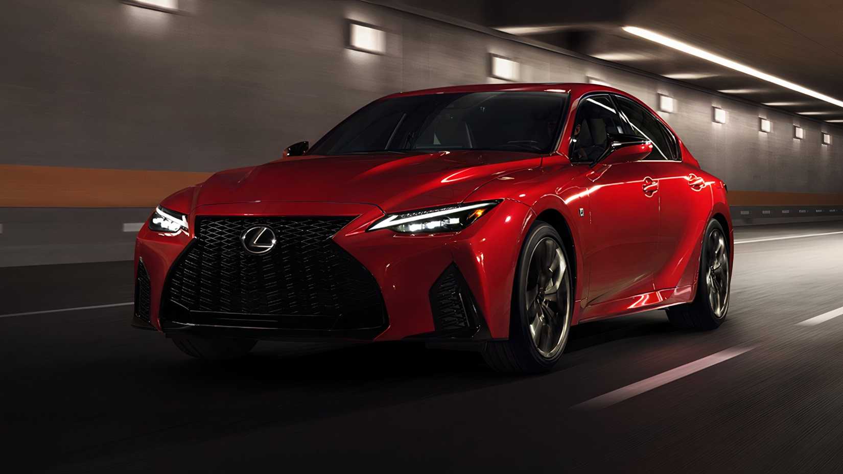 3/4 front view of red 2025 Lexus IS 500
