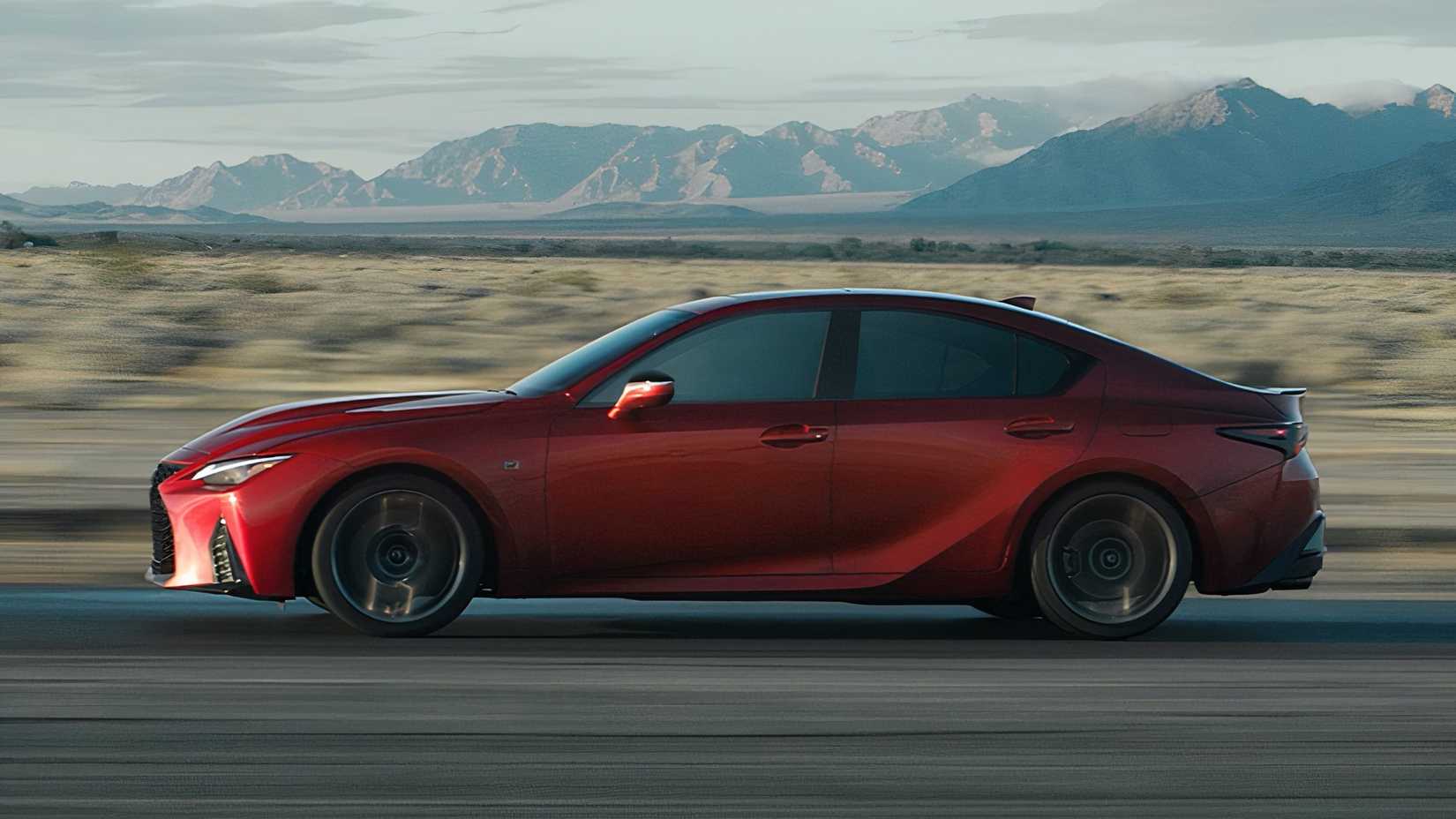 Side view of red 2025 Lexus IS 500