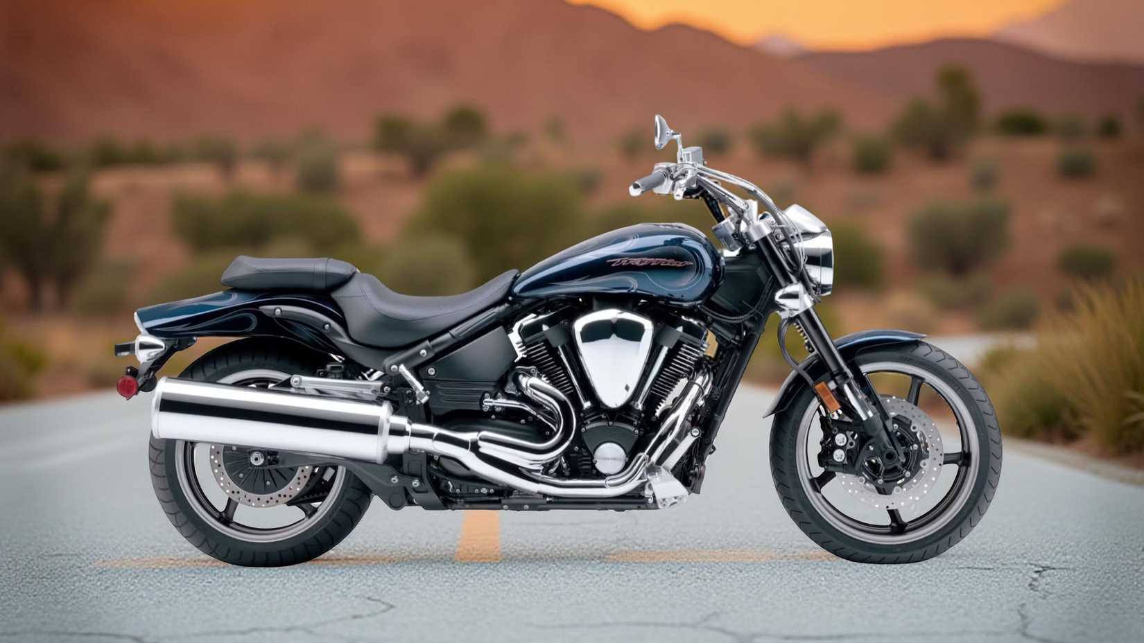 2006 Yamaha Road Star Warrior parked on the road in the desert, static profile shot